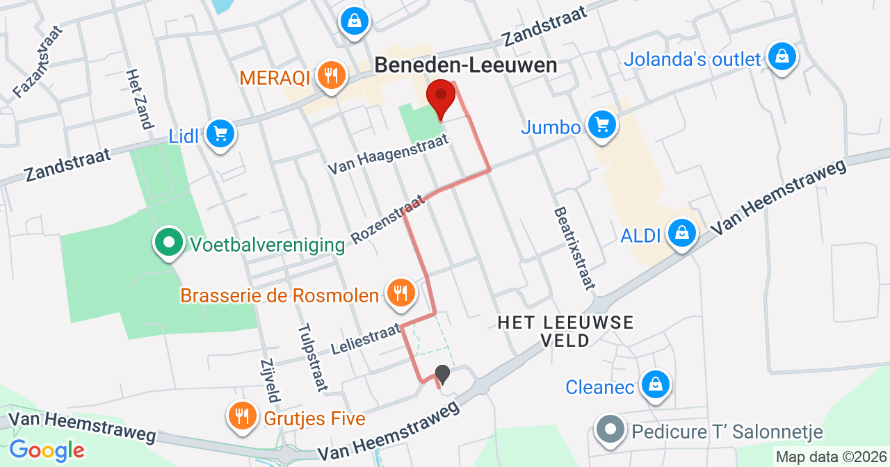 Kaart van het incident in Beneden-Leeuwen met berekende routes vanaf gealarmeerde posten