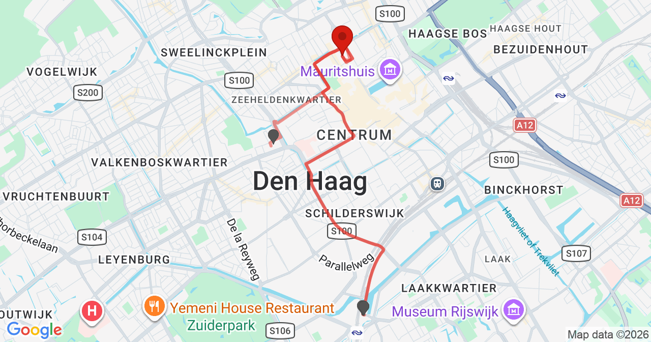 Kaart van het incident in 's-Gravenhage met berekende routes vanaf gealarmeerde posten
