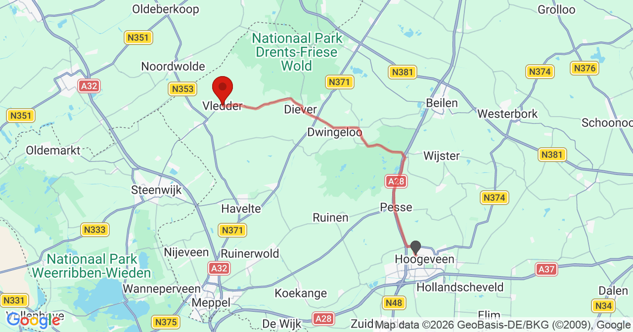 Kaart van het incident in Vledder met berekende routes vanaf gealarmeerde posten