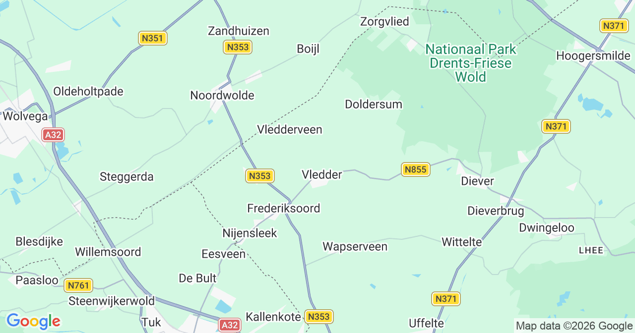 Kaart van het incident in Vledder met berekende routes vanaf gealarmeerde posten