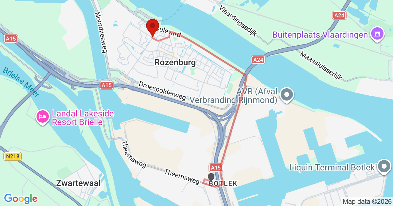 Kaart van het incident in Rozenburg ZH met de aanrijroutes van de gealarmeerde eenheden
