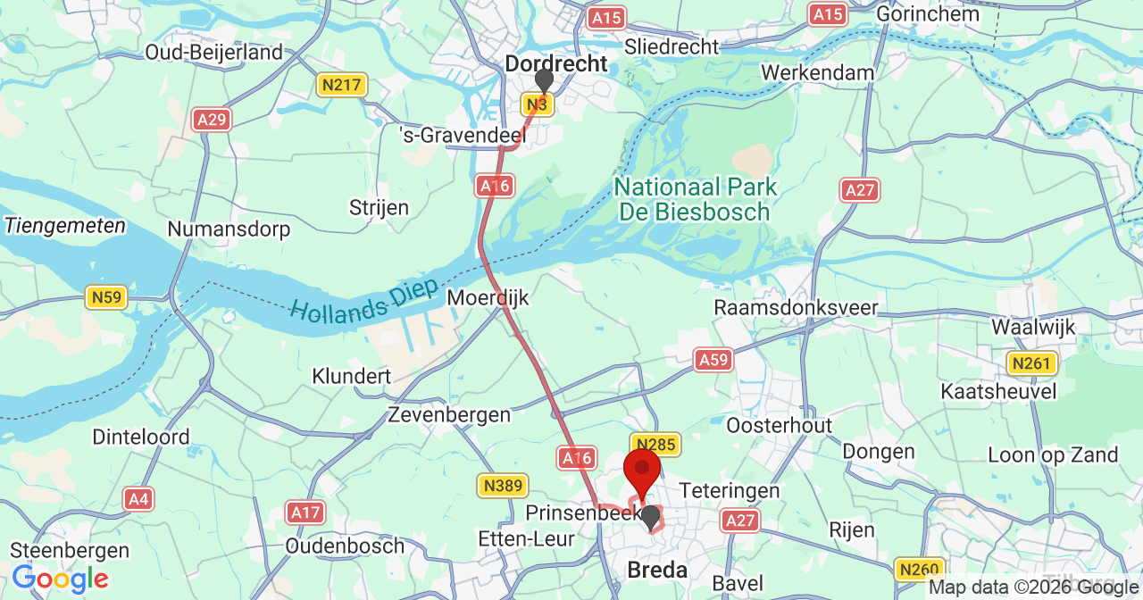 Kaart van het incident in Breda met berekende routes vanaf gealarmeerde posten