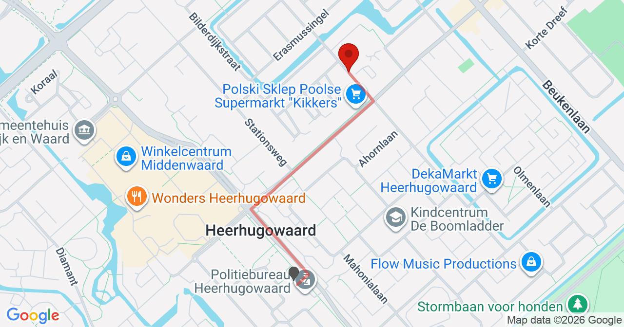 Kaart van het incident in Heerhugowaard met berekende routes vanaf gealarmeerde posten