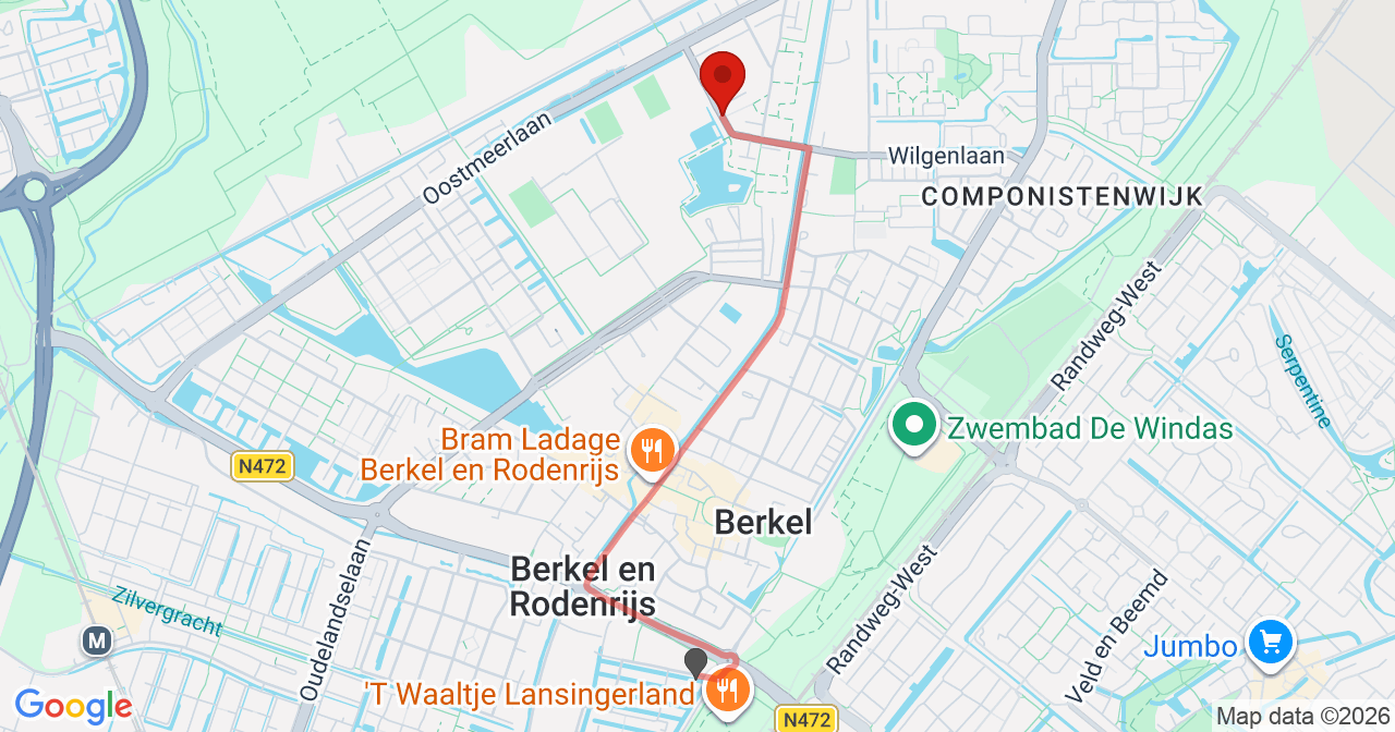 Kaart van het incident in Berkel en Rodenrijs met berekende routes vanaf gealarmeerde posten