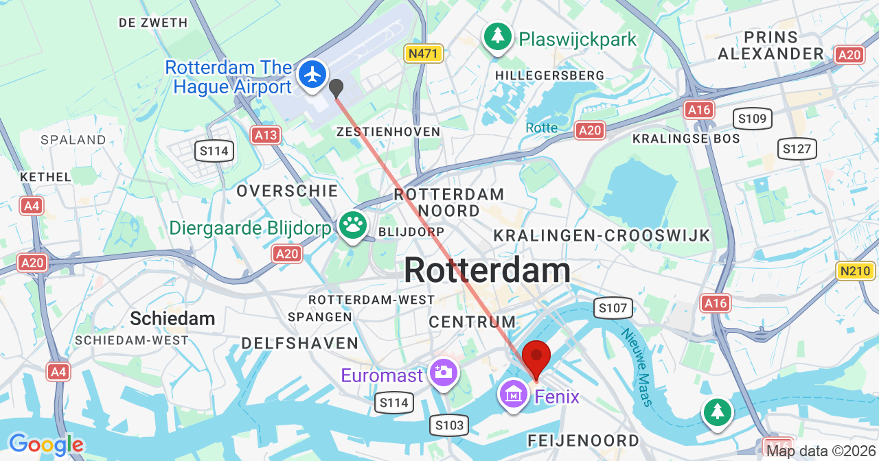 Kaart van het incident in Rotterdam met de aanrijroutes van de gealarmeerde eenheden