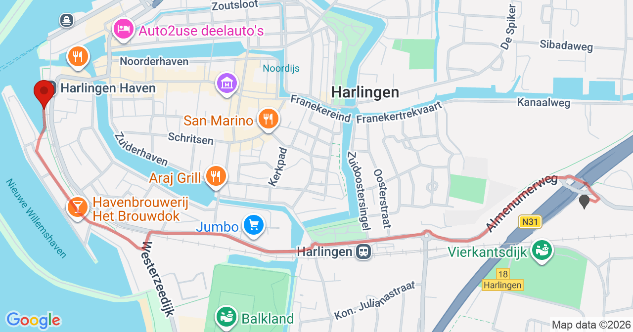Kaart van het incident in Harlingen met berekende routes vanaf gealarmeerde posten