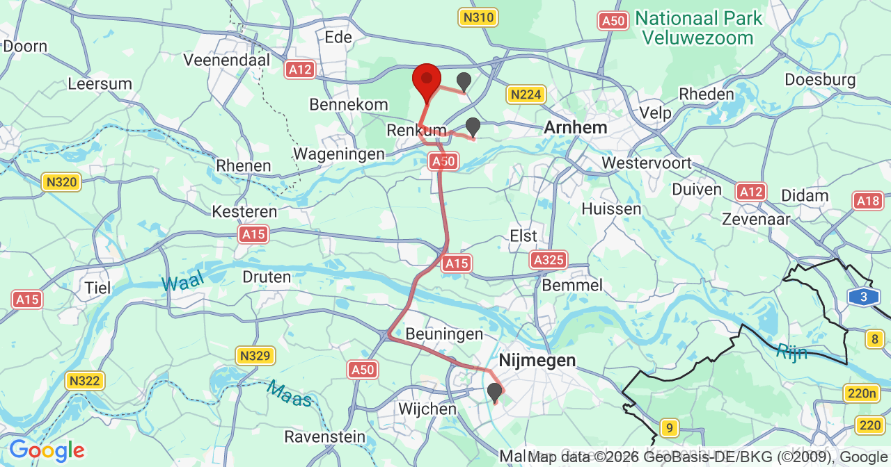 Kaart van het incident in Renkum met berekende routes vanaf gealarmeerde posten