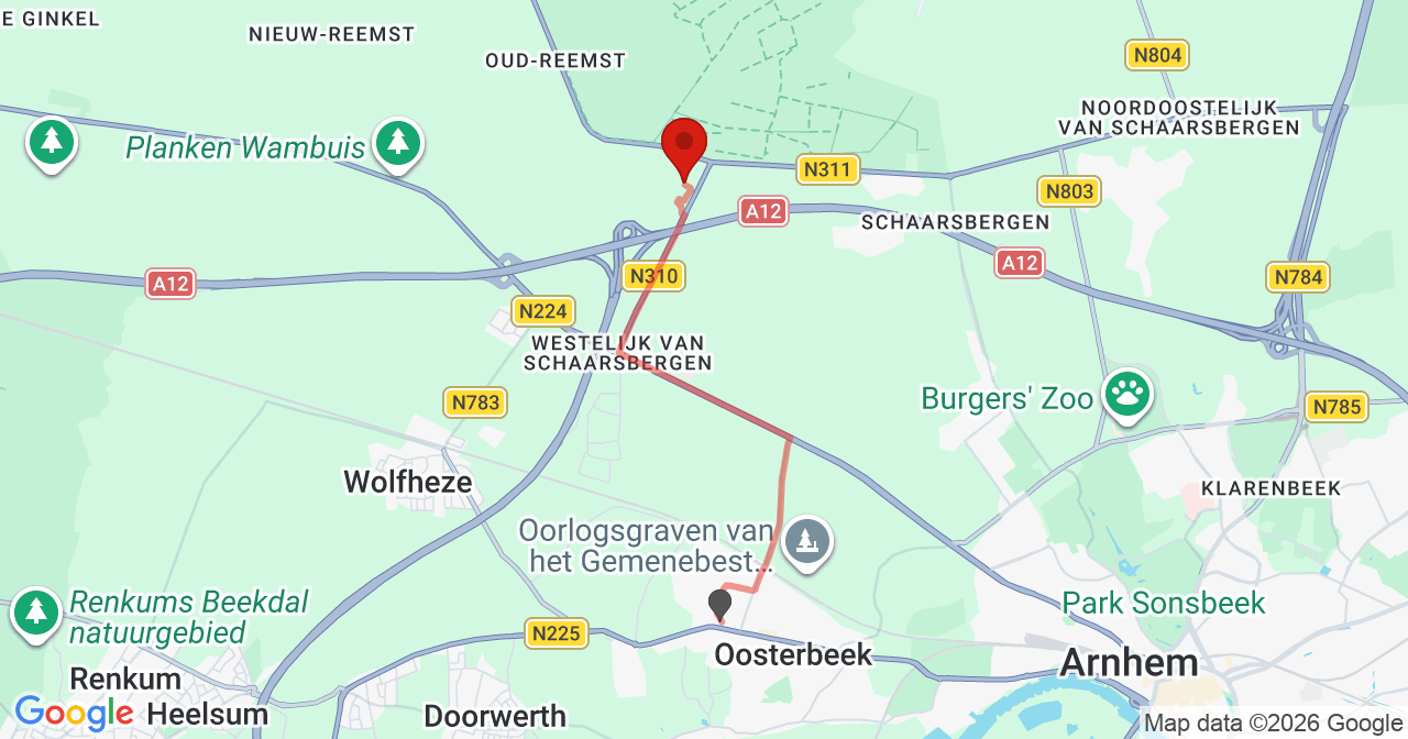 Kaart van het incident in Arnhem met berekende routes vanaf gealarmeerde posten