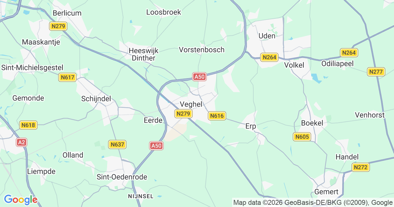 Kaart van het incident in Veghel met berekende routes vanaf gealarmeerde posten