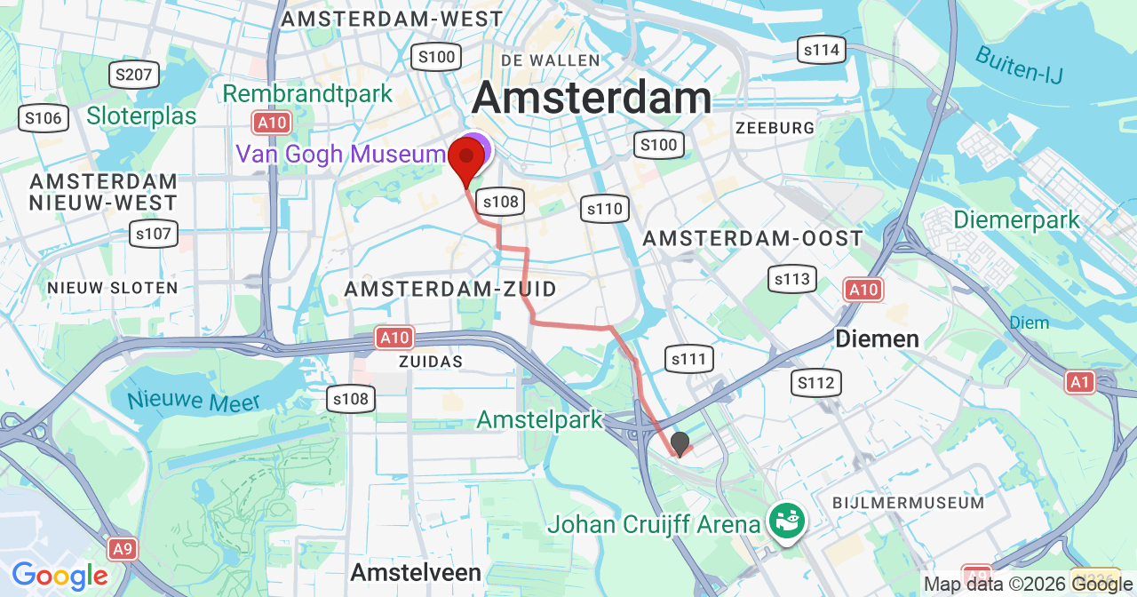 Kaart van het incident in Amsterdam met berekende routes vanaf gealarmeerde posten