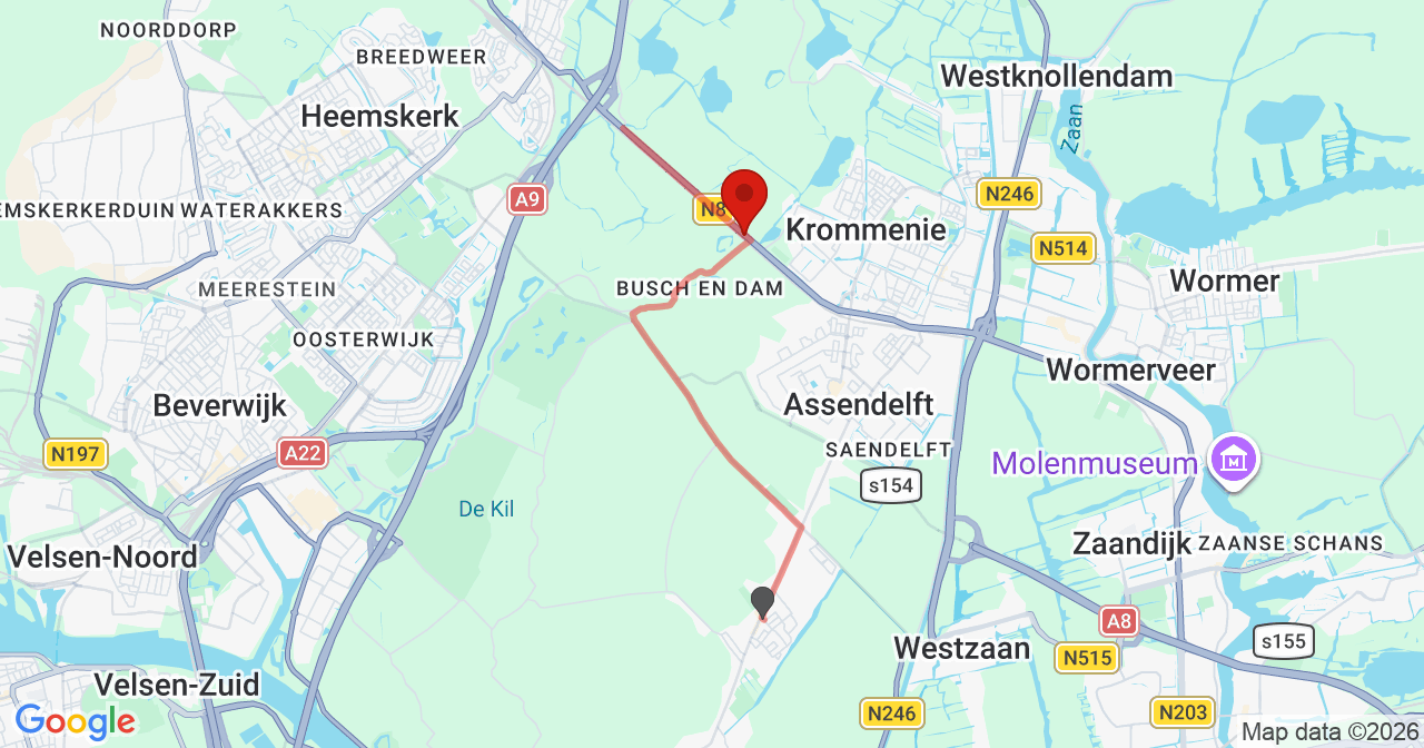Kaart van het incident in Uitgeest met berekende routes vanaf gealarmeerde posten