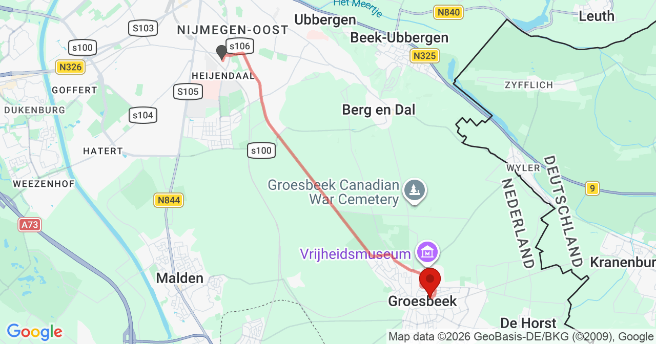 Kaart van het incident in Groesbeek met de aanrijroutes van de gealarmeerde eenheden