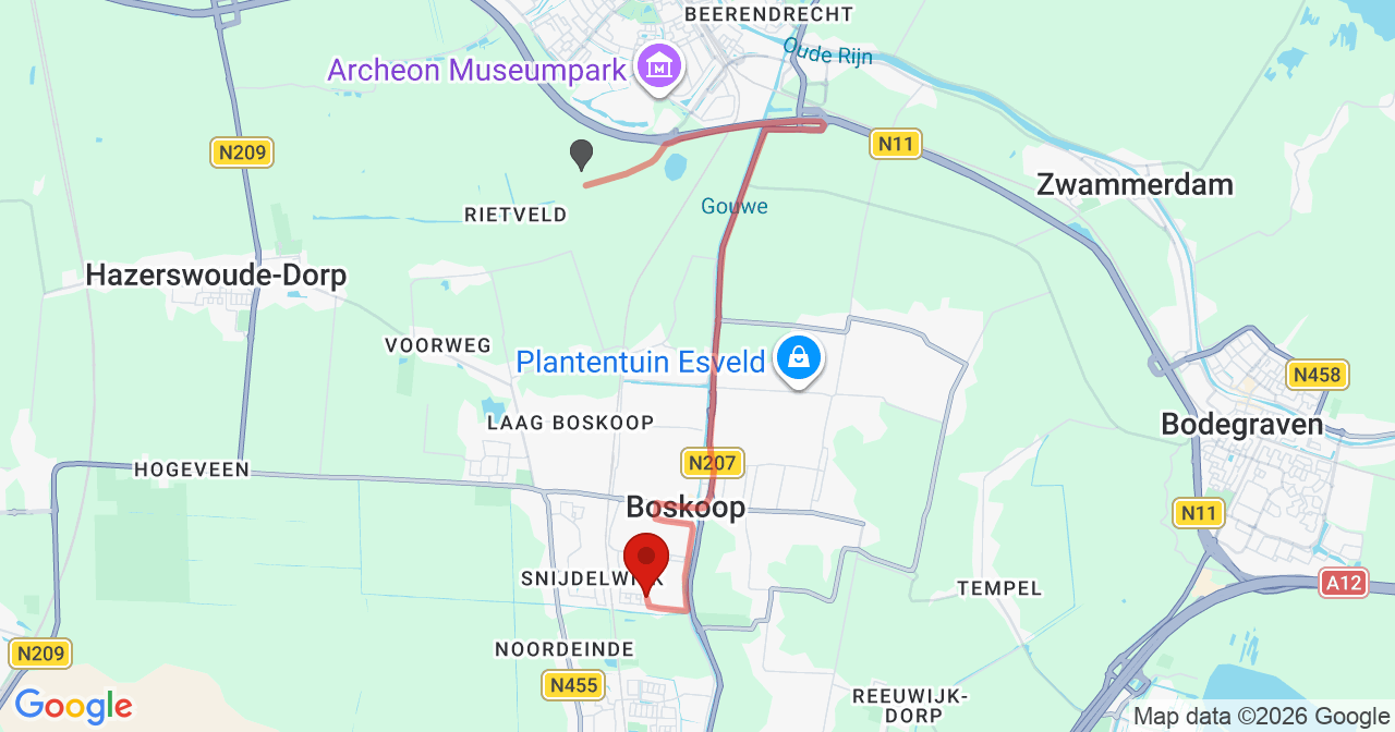 Kaart van het incident in Boskoop met de aanrijroutes van de gealarmeerde eenheden