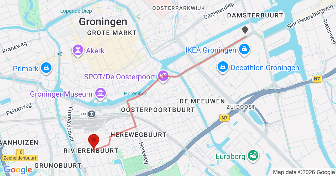 Kaart van het incident in Groningen met berekende routes vanaf gealarmeerde posten