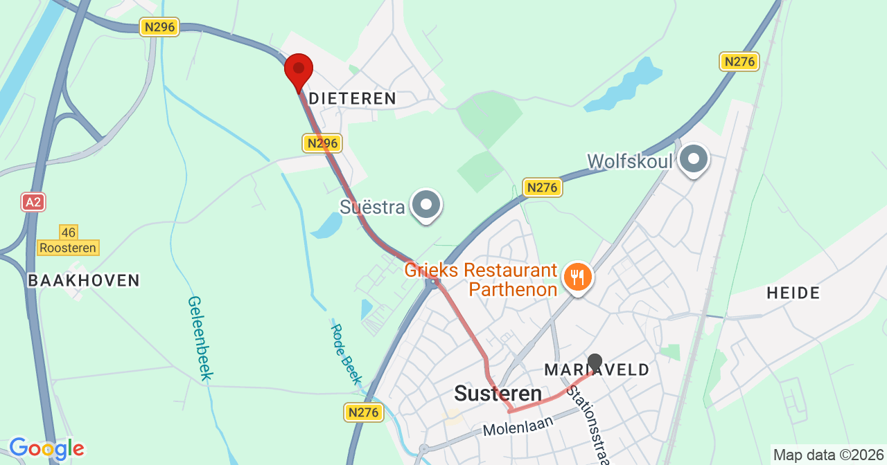 Kaart van het incident in Susteren met berekende routes vanaf gealarmeerde posten
