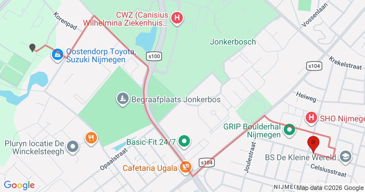 Kaart van het incident in Nijmegen met berekende routes vanaf gealarmeerde posten