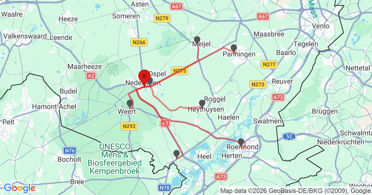 Kaart van het incident in Nederweert met berekende routes vanaf gealarmeerde posten
