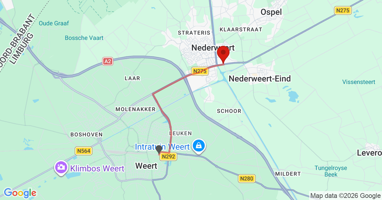 Kaart van het incident in Nederweert met berekende routes vanaf gealarmeerde posten
