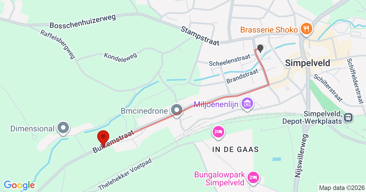 Kaart van het incident in Simpelveld met berekende routes vanaf gealarmeerde posten