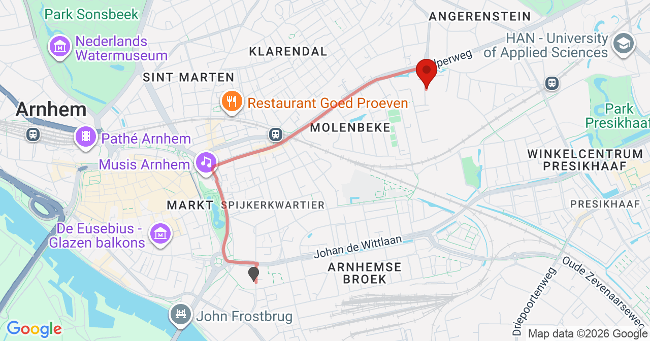 Kaart van het incident in Arnhem met de aanrijroutes van de gealarmeerde eenheden