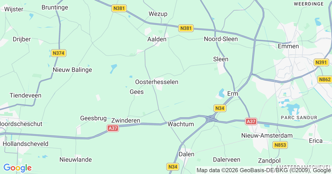 Kaart van het incident in Oosterhesselen met berekende routes vanaf gealarmeerde posten