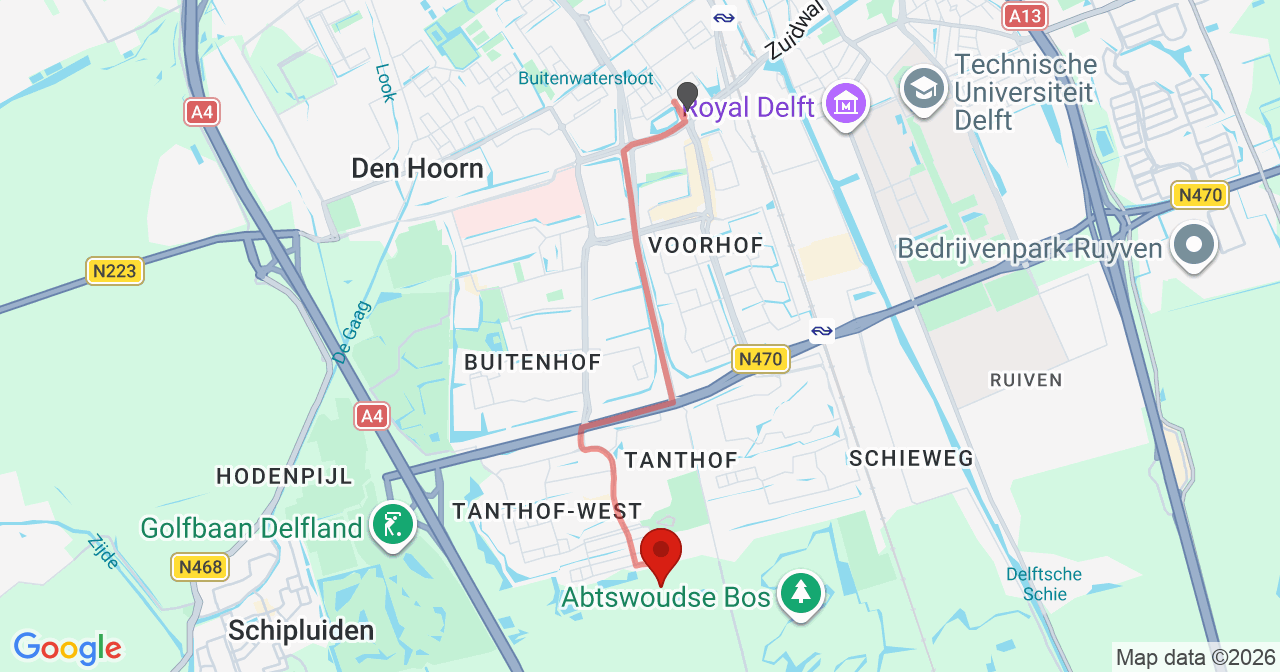 Kaart van het incident in Delft met berekende routes vanaf gealarmeerde posten