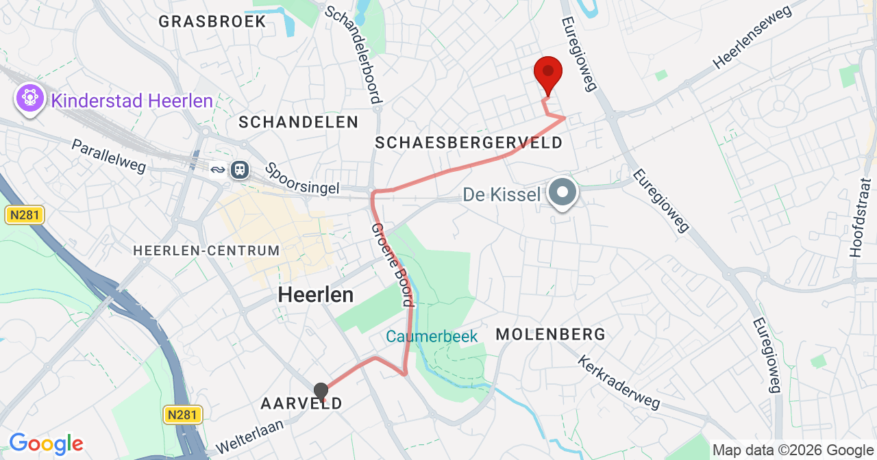 Kaart van het incident in Heerlen met berekende routes vanaf gealarmeerde posten