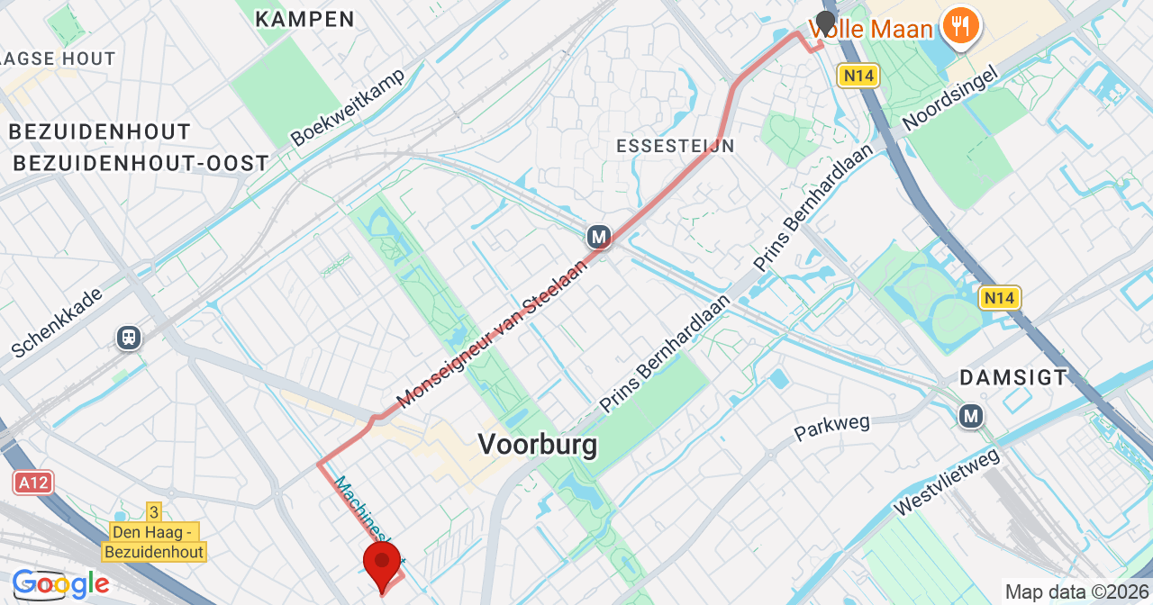 Kaart van het incident in Voorburg met de aanrijroutes van de gealarmeerde eenheden