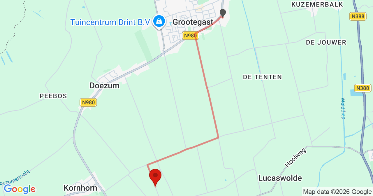 Kaart van het incident in Doezum met berekende routes vanaf gealarmeerde posten