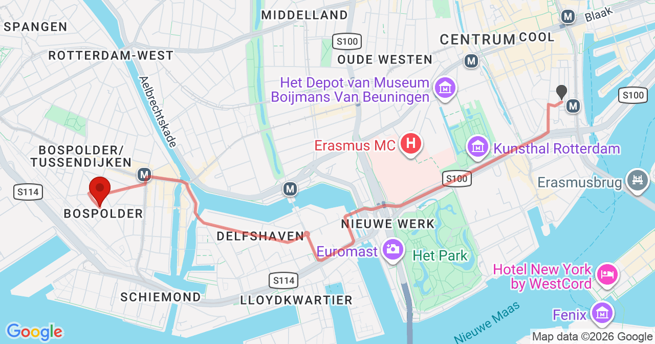 Kaart van het incident in Rotterdam met berekende routes vanaf gealarmeerde posten
