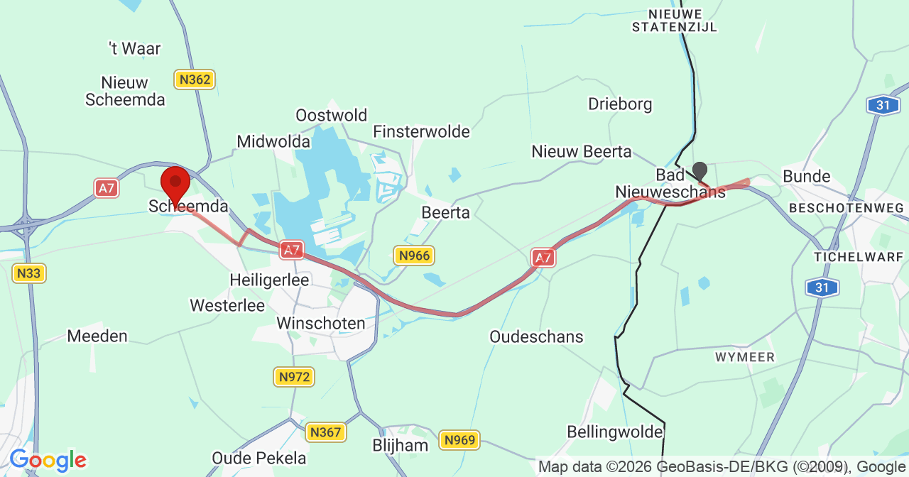 Kaart van het incident in Scheemda met berekende routes vanaf gealarmeerde posten