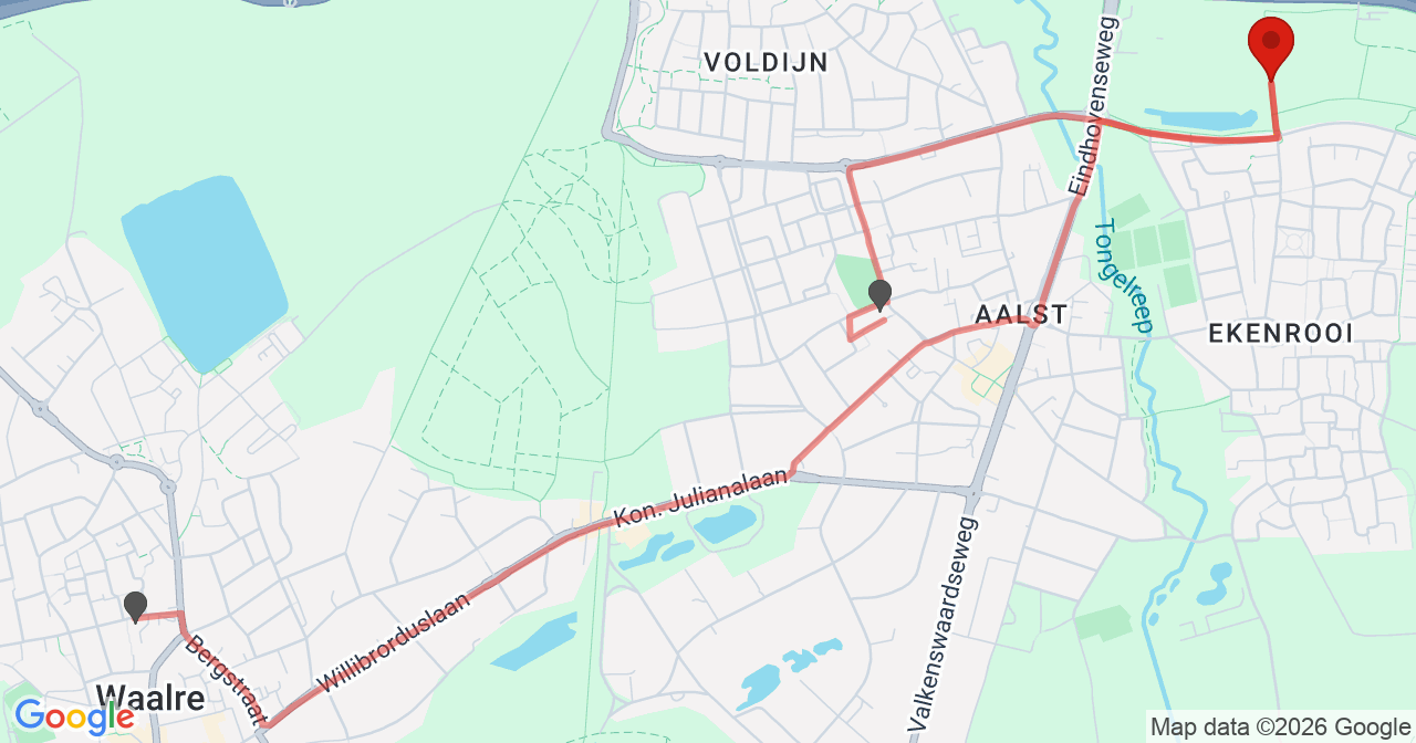 Kaart van het incident in Waalre met berekende routes vanaf gealarmeerde posten