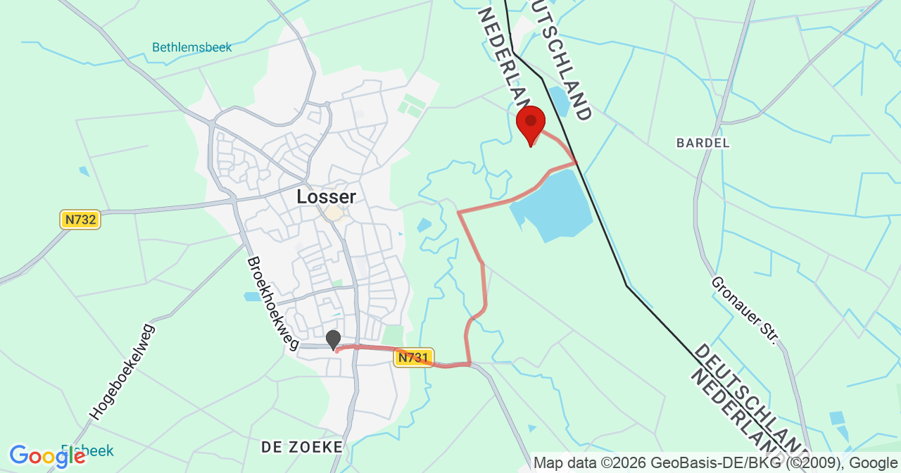 Kaart van het incident in Losser met berekende routes vanaf gealarmeerde posten