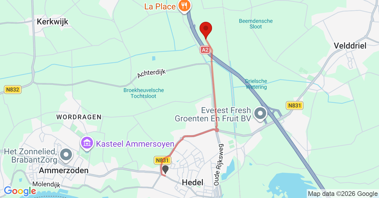 Kaart van het incident in Hedel met berekende routes vanaf gealarmeerde posten