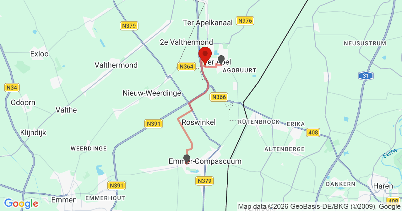 Kaart van het incident in Ter Apel met berekende routes vanaf gealarmeerde posten