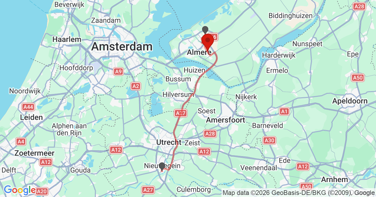 Kaart van het incident in Almere met berekende routes vanaf gealarmeerde posten
