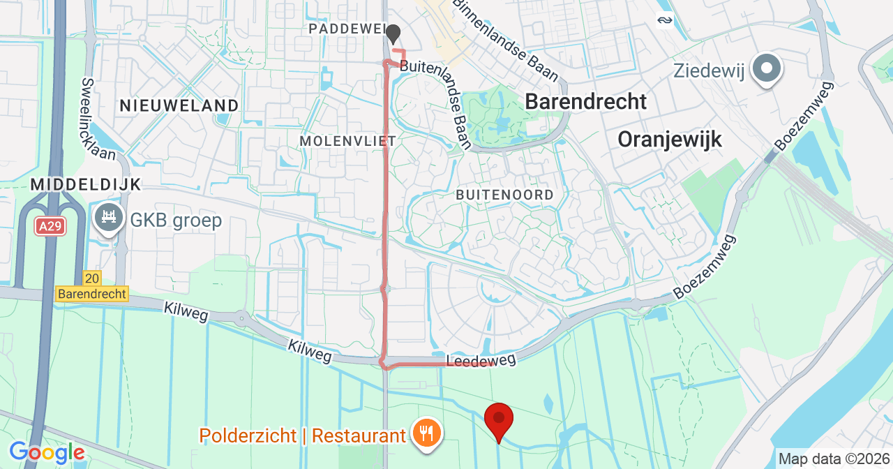 Kaart van het incident in Barendrecht met berekende routes vanaf gealarmeerde posten