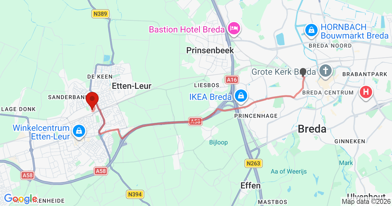 Kaart van het incident in Breda met berekende routes vanaf gealarmeerde posten
