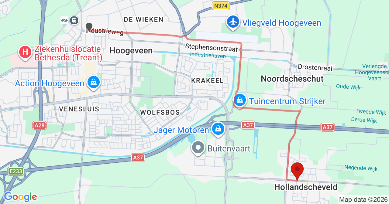 Kaart van het incident in Hollandscheveld met berekende routes vanaf gealarmeerde posten