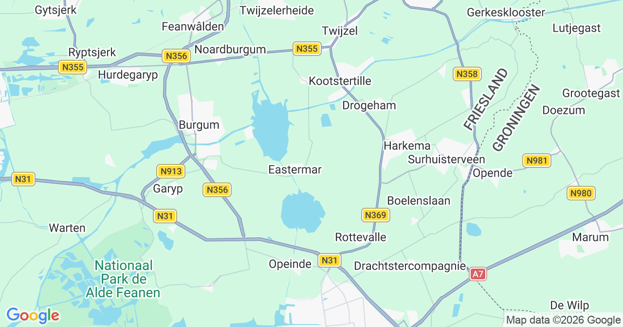 Kaart van het incident in Eastermar met berekende routes vanaf gealarmeerde posten