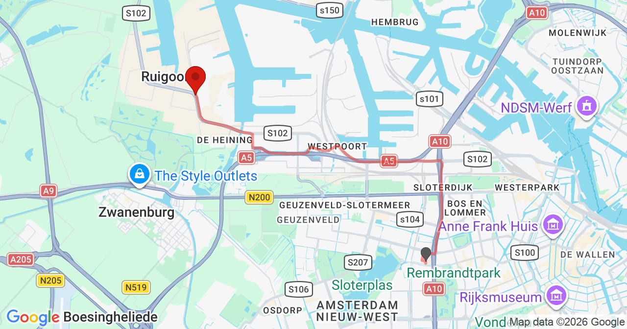 Kaart van het incident in Amsterdam met berekende routes vanaf gealarmeerde posten