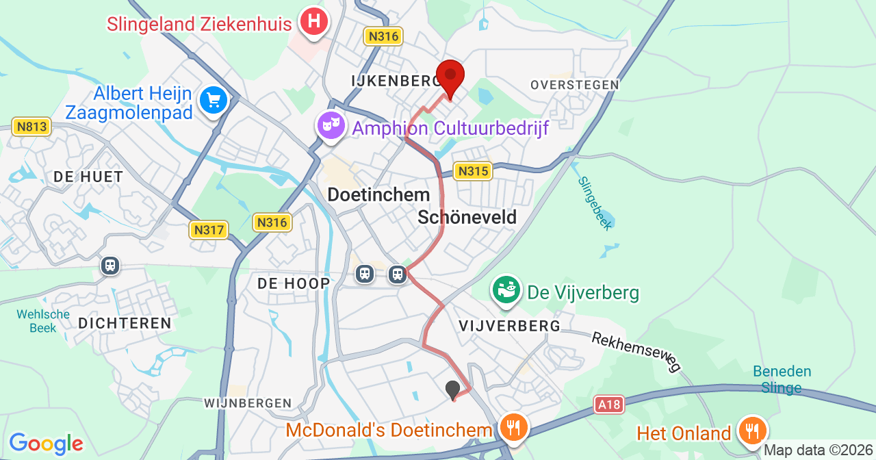 Kaart van het incident in Doetinchem met de aanrijroutes van de gealarmeerde eenheden