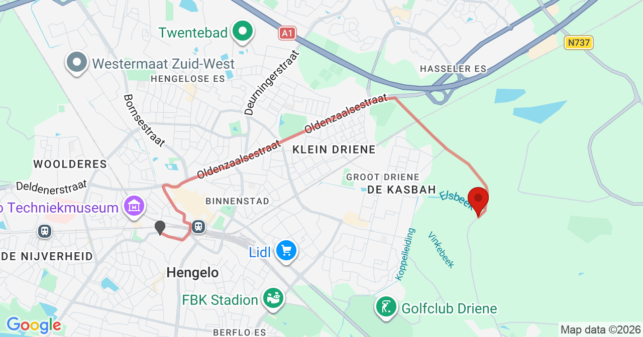 Kaart van het incident in Hengelo met berekende routes vanaf gealarmeerde posten