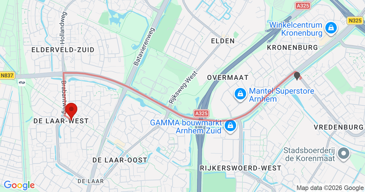 Kaart van het incident in Arnhem met berekende routes vanaf gealarmeerde posten