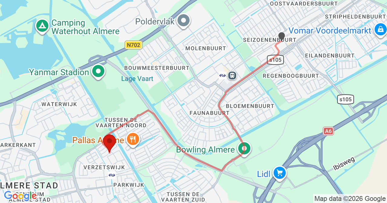 Kaart van het incident in Almere met berekende routes vanaf gealarmeerde posten