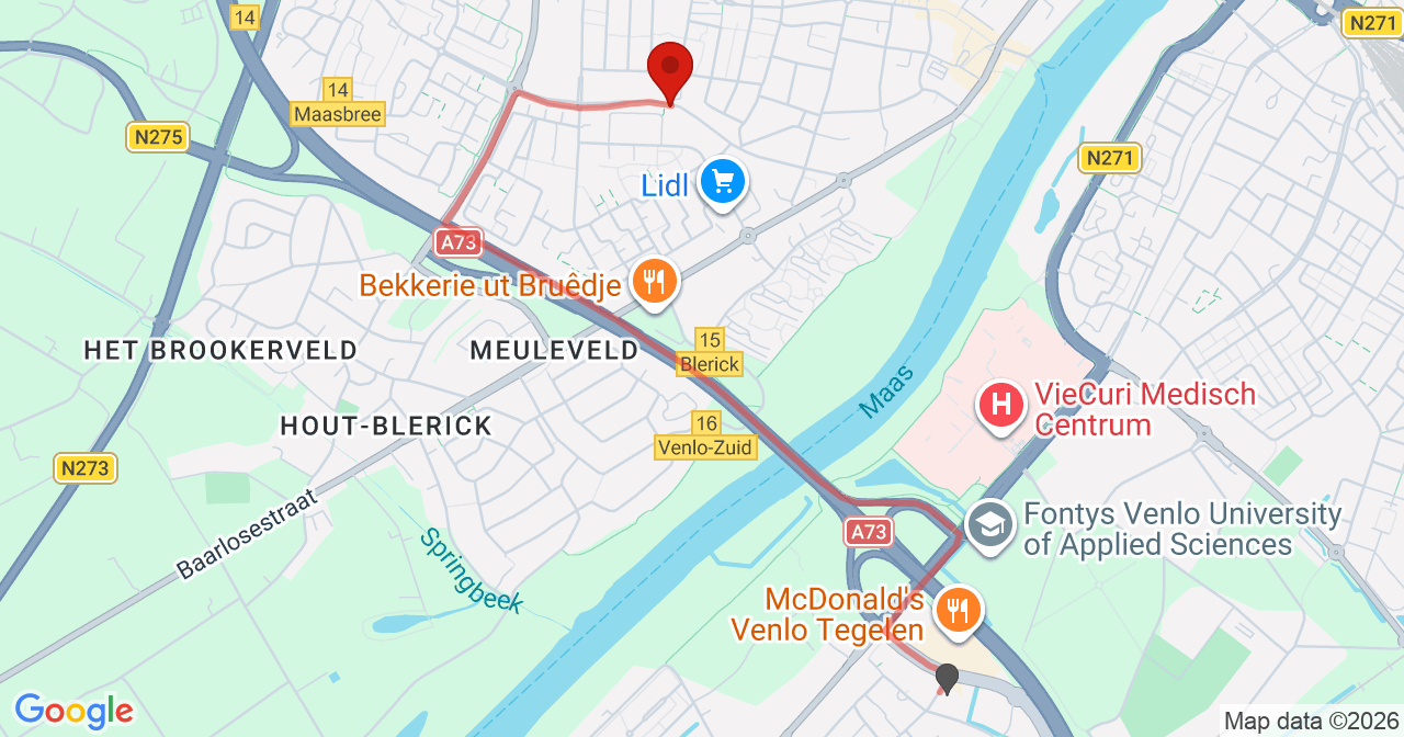 Kaart van het incident in Venlo met berekende routes vanaf gealarmeerde posten