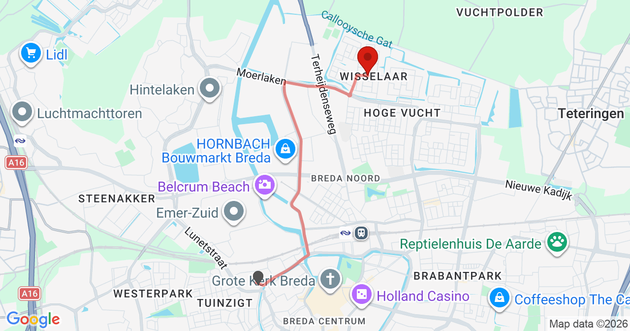 Kaart van het incident in Breda met berekende routes vanaf gealarmeerde posten