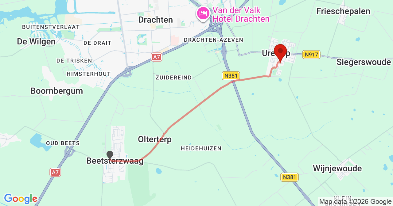 Kaart van het incident in Ureterp met berekende routes vanaf gealarmeerde posten