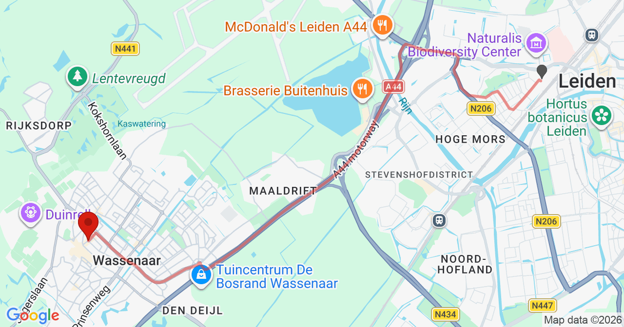 Kaart van het incident in Wassenaar met de aanrijroutes van de gealarmeerde eenheden