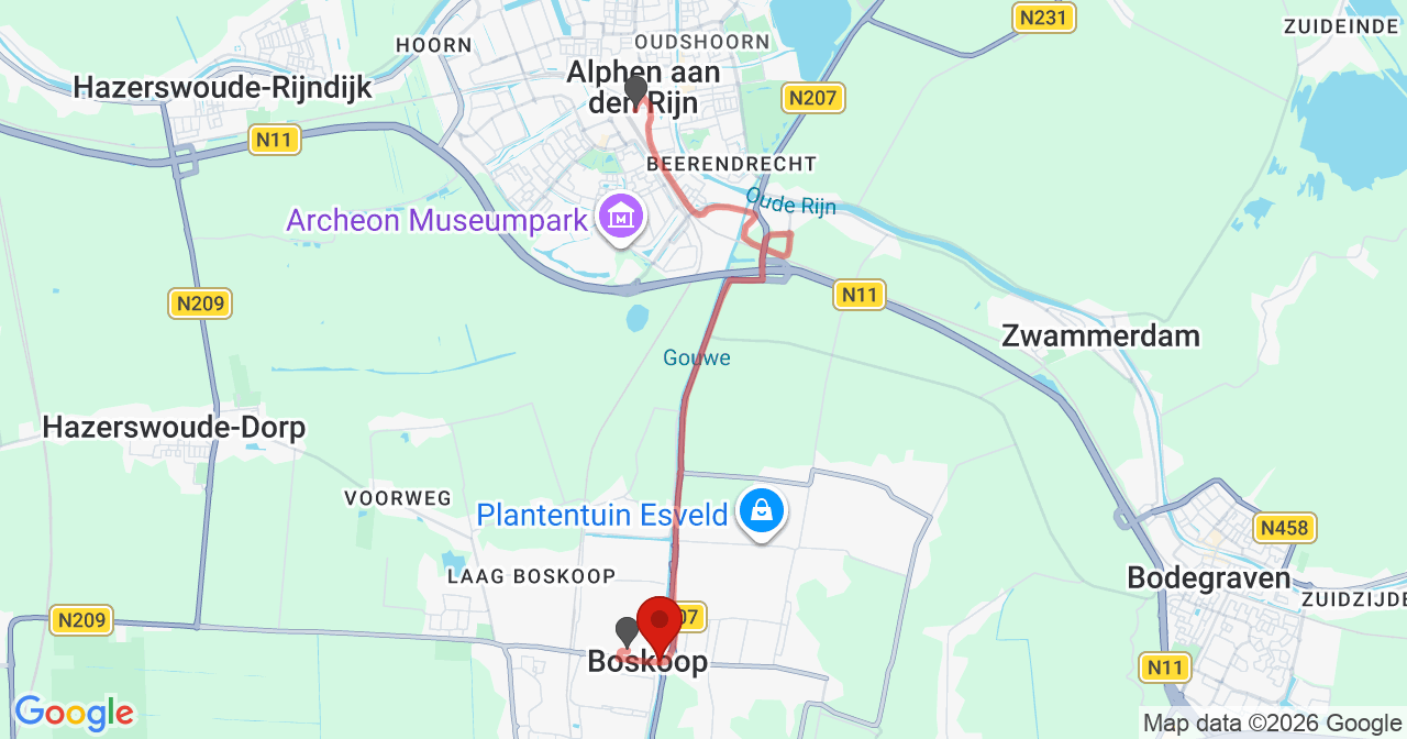 Kaart van het incident in Boskoop met berekende routes vanaf gealarmeerde posten